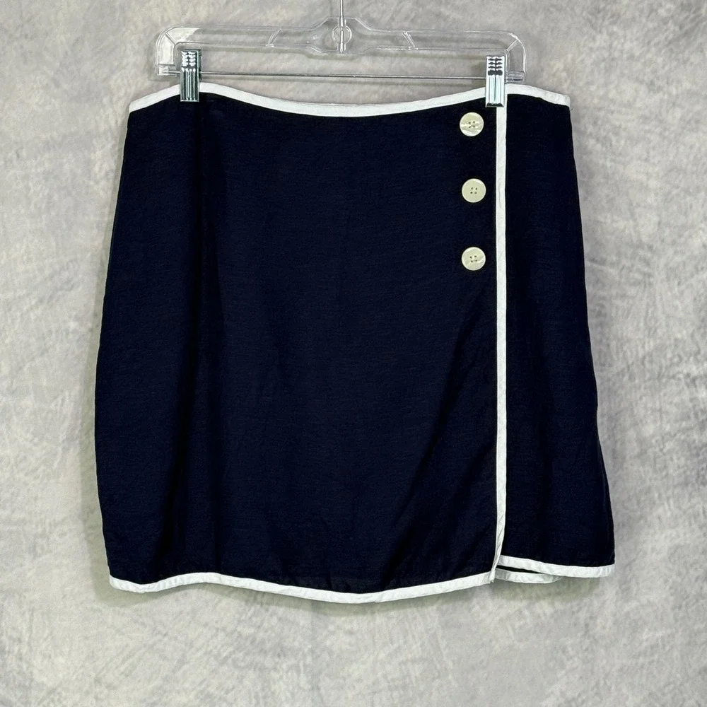 LOFT Navy Linen Blend Nautical Faux‎ Wrap Mini Skirt Womens sz 12 preppy Retro